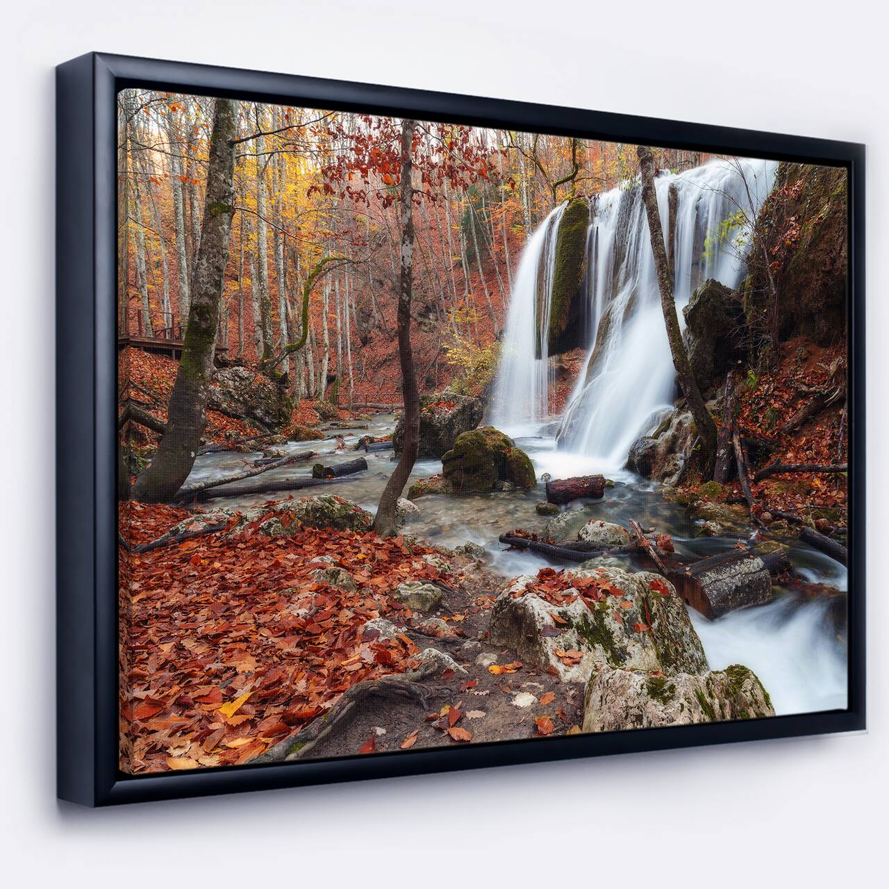 Designart - Crimea Waterfall in the Fall - Landscape Photo Canvas Art Print in Black Frame